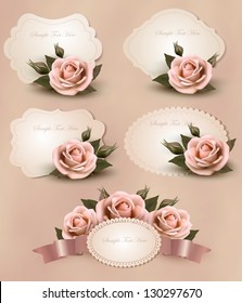 Collection of retro greeting cards with pink rose. Vector illustration.