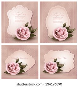 Collection of retro greeting cards with pink roses. Vector illustration