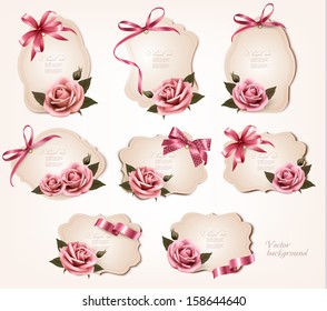 Collection of retro greeting cards with pink roses. Vector illustration.