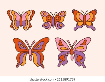 Collection retro groovy butterflies. Abstract colorful butterfly. Tropical insects with beautiful wings. Vintage 60s 70s decorative design elements or icons. Vector clip art