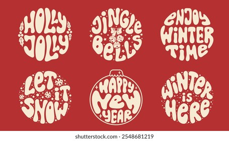 Collection retro groovy Christmas lettering. Festive quotes on red background. Round slogan in vintage style 60s 70s. Trendy groovy print design for background, posters, cards, tshirts.