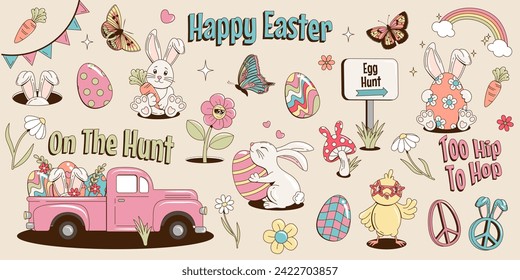 Collection of retro groovy festive Happy Easter elements and characters. Vector set of cartoon stickers or stamps in hippie 70s style. Easter bunnies, eggs, butterflies, flowers, truck, chick.