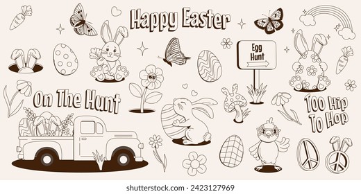 Collection of retro groovy festive Happy Easter elements and characters in monochrome palette. Vector cartoon stickers in hippie 70s style. Easter bunnies, eggs, butterflies, flowers, truck, chick.