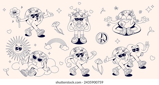 Collection of retro groovy hippie Earth planet characters. Vector funny 60s, 70s vintage Earth Day stickers, stamps or mascots. World Environment Day concept. Y2K aesthetics. Monochrome palette.
