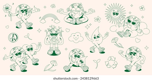 Colección de personajes hippies retro del planeta Tierra. Vector divertido 60, 70 vintage pegatinas del día de la Tierra, sellos o mascotas. Concepto del Día Mundial del Medio Ambiente. Estética Y2K. Paleta monocroma.