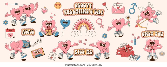 Kollektion von Retro-Groovy Hippie lieblichen Herzfiguren. Cartoon romantische 60er, 70er Jahre Vintage Happy Valentinstag Aufkleber, Briefmarken oder Patches. Vektorgrafik in Rosa, Blau und Gelb.