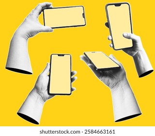 Collection of retro halftone hands holding smartphones with empty screens. Modern art halftone collage with human palms and mobile phones.  Vector  illustration.
