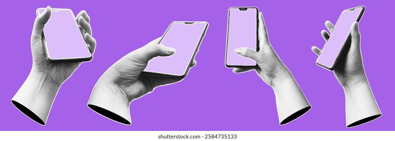 Collection of retro halftone hands holding smartphones with empty screens. Modern art halftone collage with human palms and mobile phones.  Vector  illustration.