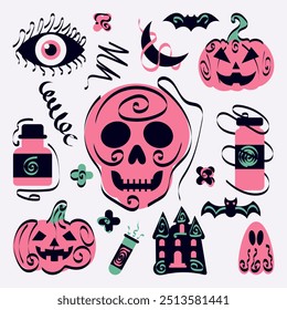 Collection of retro Halloween images with pumpkin and bat elixirs house of horrors flying ghosts hand drawn illustration