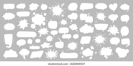 Colección de la silueta de la burbuja del discurso del cómic dibujado a mano retro y el icono de la etiqueta engomada del texto de la nube con la textura de papel del semitono y el ambiente de la historieta del arte pop que simboliza la idea, el chat o la comunicación del mensaje del negocio.