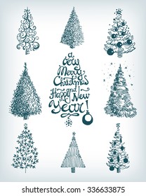 Collection of retro hand drawn vector Christmas and New Year trees