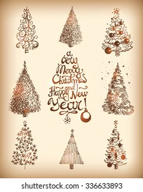 Collection of retro hand drawn vector Christmas and New Year trees