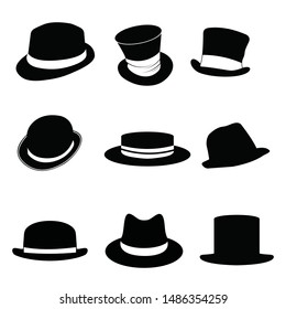 Collection of retro hats silhouette.  black man's retro hat with white ribbons on a white background