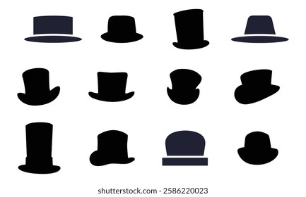 Collection of retro hats silhouette Top hat isolated on white Vector illustration