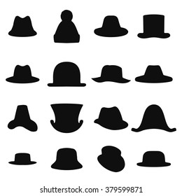 Collection of retro hats silhouette. Top hat isolated on white. Hat icon set  logo, top black hat object. Vector illustration.