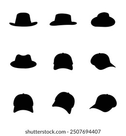 Collection of retro hats silhouette vector illustration, baseball caps hand drawn top hat silhouette set.