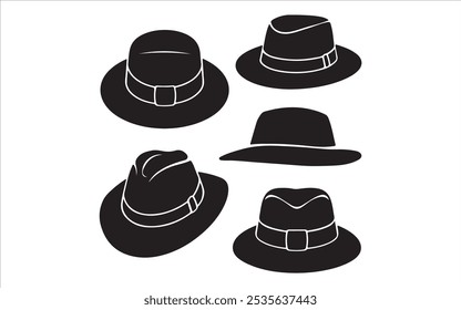 Collection of retro hats silhouette vector illustration, baseball caps hand drawn top hat silhouette set.