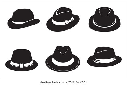 Collection of retro hats silhouette vector illustration, baseball caps hand drawn top hat silhouette set.