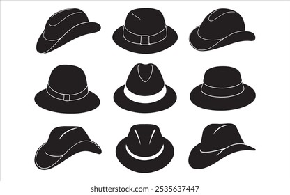 Collection of retro hats silhouette vector illustration, baseball caps hand drawn top hat silhouette set.