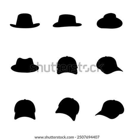 Collection of retro hats silhouette vector illustration, baseball caps hand drawn top hat silhouette set.