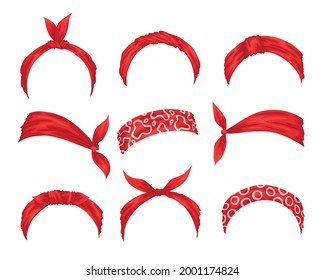 Collection of retro headbands for woman. Mockups of decorative hair knott. Red bandana windy hair dressing. Tied handkerchief for hairstyles