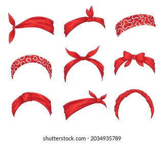 Collection of retro headbands for woman. Mockups of decorative hair knott. Red bandana windy hair dressing. Tied handkerchief for hairstyles svg