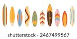 Collection of retro hippie aestetics surfboards in various designs and patterns. Long, short water boards of 80s style. Funboards collection. Perfect for summer, surfing, and beach-related themes