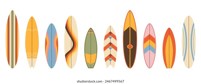 Collection of retro hippie aestetics surfboards in various designs and patterns. Long, short water boards of 80s style. Funboards collection. Perfect for summer, surfing, and beach-related themes