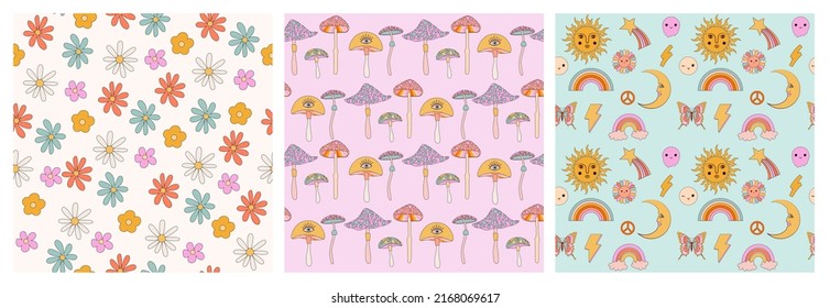 Collection of retro hippie seamless pattern with flowers, psychedelic mushrooms, funny elements. Editable vector illustration.