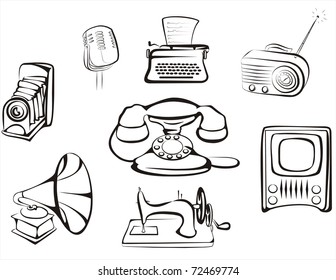 collection of retro home related objects in simple black lines