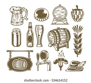 Collection retro icons of beer isolated on white