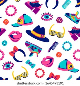 Collection retro icons elements in trendy 80s-90s goods hand-drawn cartoon style. Fashionable accessories. Vector colorful seamless pattern doodle illustration