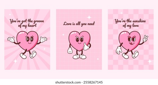 Collection of retro inspired cards with groovy heart motifs and romantic phrases. Vector backgrounds for love themed designs, Valentine's Day or heartfelt messages