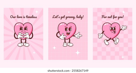 Collection of retro inspired cards with groovy heart motifs and romantic phrases. Vector backgrounds for love themed designs, Valentine's Day or heartfelt messages