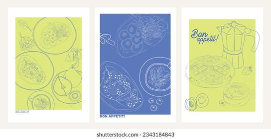 Collection of Retro Kitchen wall art. Food Poster template. Interior posters set. Inspiration posters. Editable vector illustration.