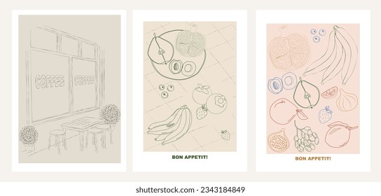 Kollektion von Retro Kitchen Wandkunst. Food Poster-Vorlage. Innenplakatset. Inspirierungspakete. Bearbeitbare Vektorgrafik.