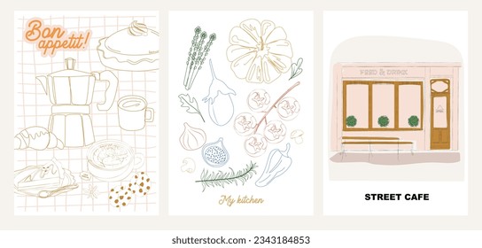 Collection of Retro Kitchen wall art. Food Poster template. Interior posters set. Inspiration posters. Editable vector illustration.