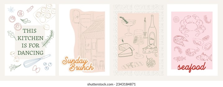 Collection of Retro Kitchen wall art. Food Poster template. Interior posters set. Inspiration posters. Editable vector illustration.