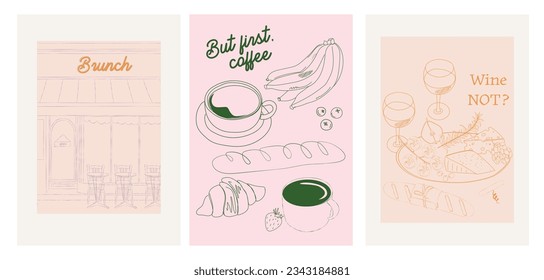 Collection of Retro Kitchen wall art. Food Poster template. Interior posters set. Inspiration posters. Editable vector illustration.