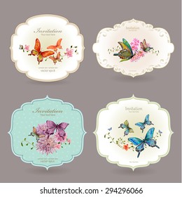 collection retro label with butterflies. watercolor painting. vector illustration