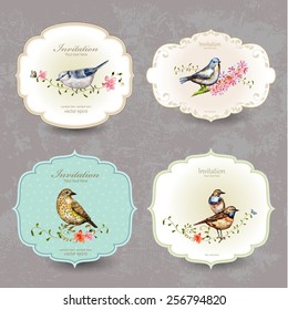 collection retro label of cute bird. watercolor painting