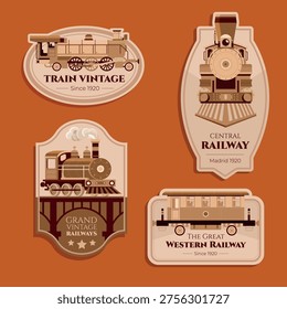 Collection of retro labels and badges featuring vintage train and railway themes.