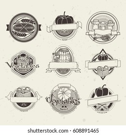 Collection of retro labels, emblems, badges and design elements. Vintage style. Monochrome design, wheat and vegetables, harvest