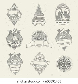 Collection of retro labels, emblems, badges and design elements. Vintage style. Adventure, mountain, car, compass
