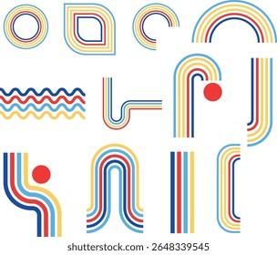 Collection of retro line art shapes and abstract curves , 70s Geometric Design Elements. Bauhaus design elements, colourful abstract shapes, groovy and vintage inspired.