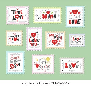 Collection retro love stamps with ragged edges vector flat illustration. Set vintage squared rectangle romantic ornament postal label with frame for sending letter correspondence. Valentine postcard