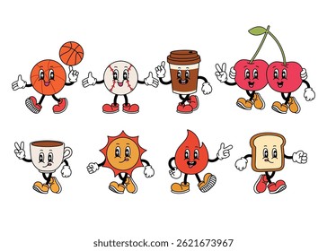 collection retro mascot, funny basketball spinning ball, baseball open arm, coffee up finger up, cherry hugging friends, coffee with two finger, sun walking, cute fire pointing finger, bread walking