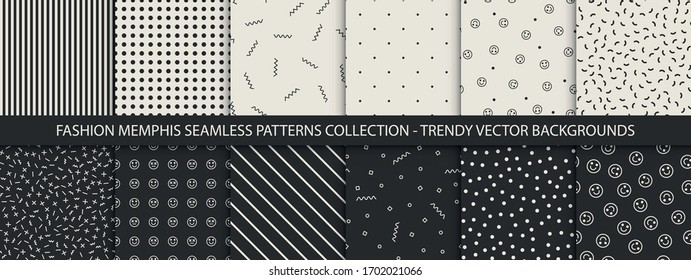 Colección de patrones retro memphis - sin fisuras. Moda 80-90. Texturas en mosaico en blanco y negro.