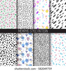 Collection of retro memphis seamless patterns. Trendy modern design. Background for printing brochure, poster, party, textile design, web, card. 
