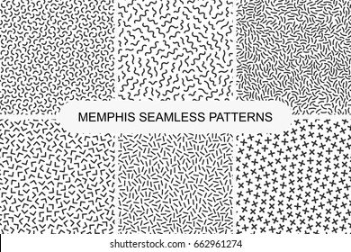 Collection of retro memphis seamless patterns. Fashion design 80-90s. Black and white mosaic textures.